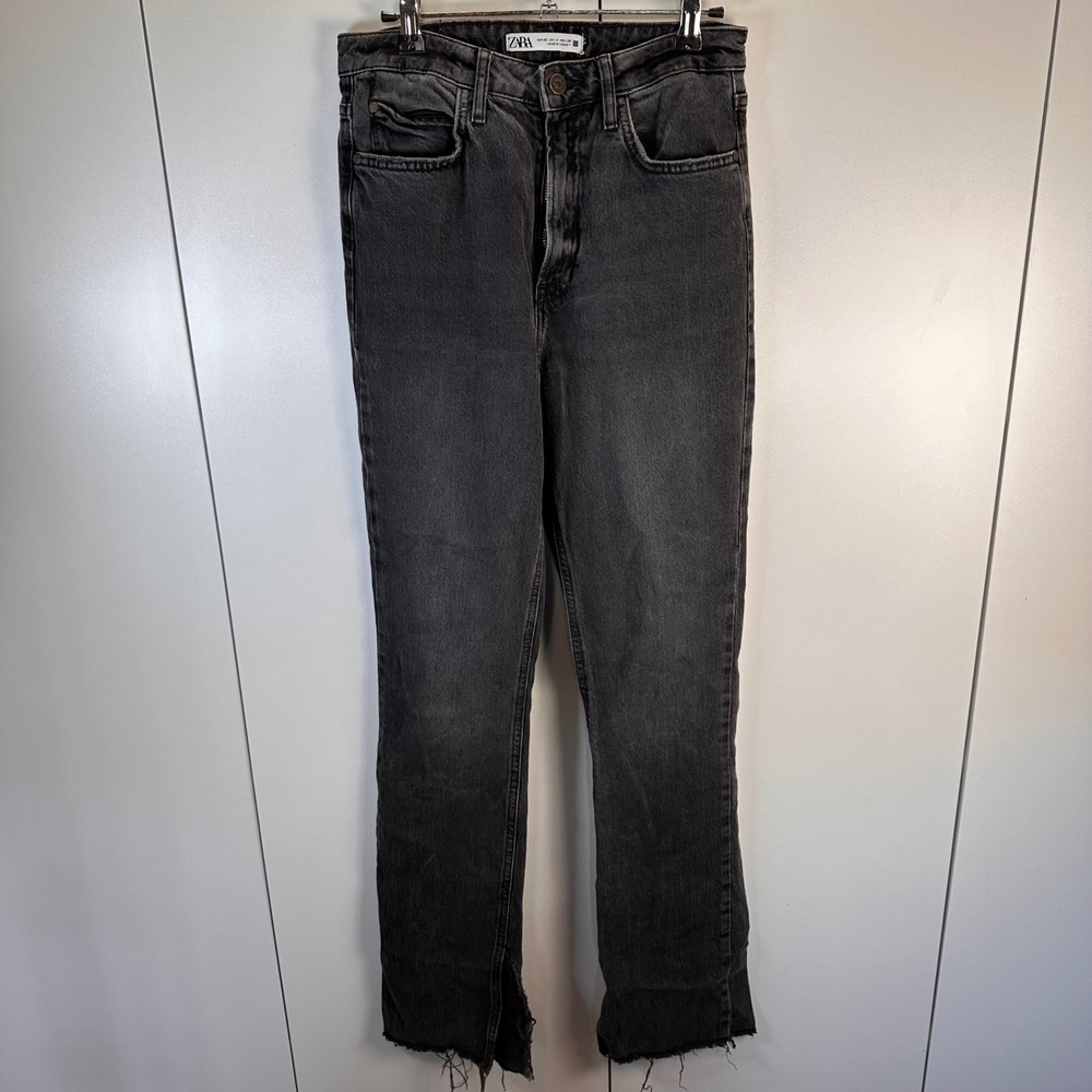 ZARA Women's Sz 4 Vtg Black/Gray Denim Flare Jeans High Rise Raw Slit Hem